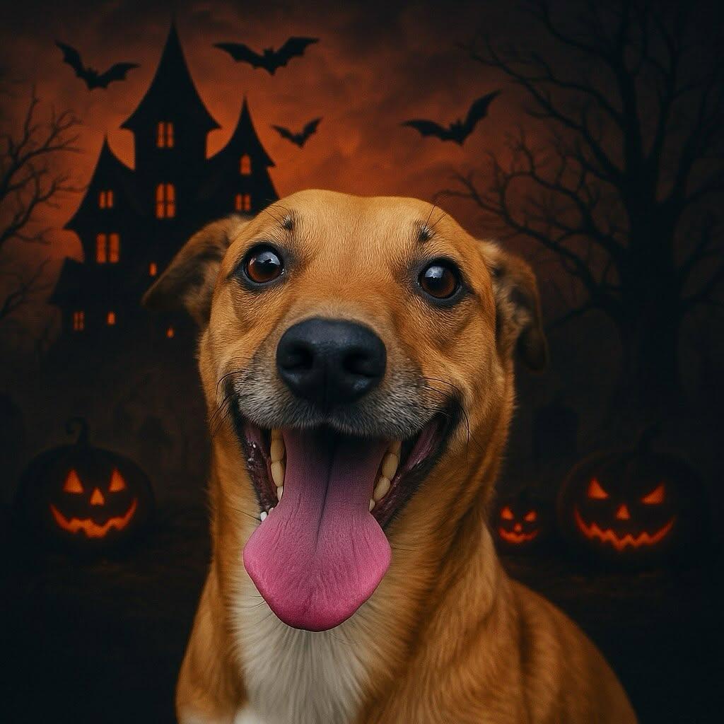 Ilustração de Halloween com um cão de língua de fora e uma casa assombrada