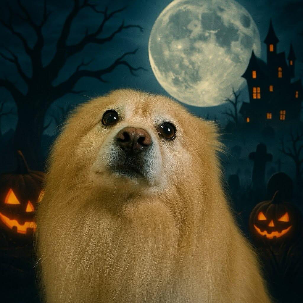 Ilustração de Halloween com um cão de pelo dourado sob a lua cheia