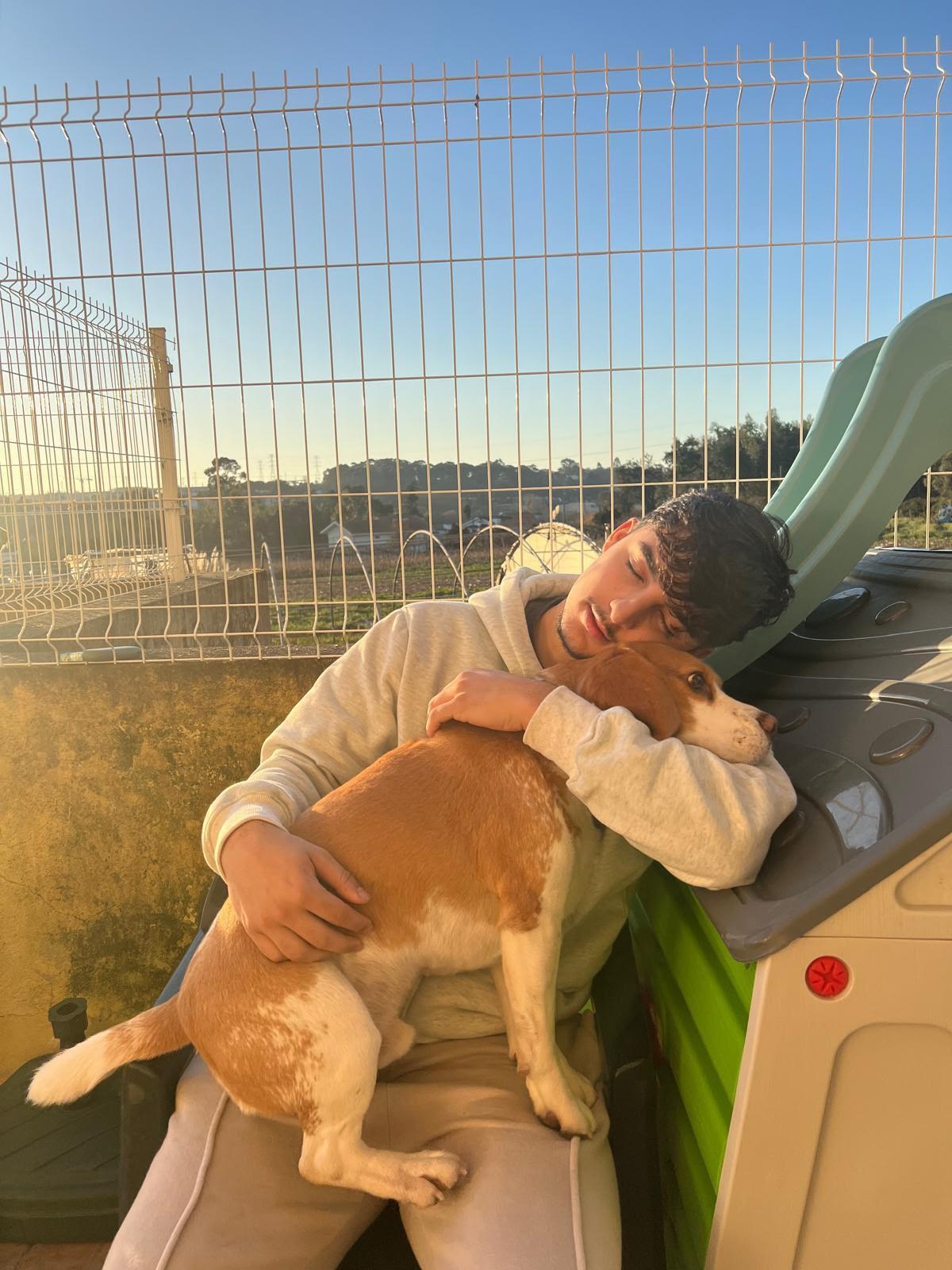 Colaborador a abraçar um beagle ao sol, no pátio da creche